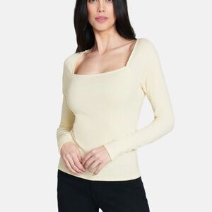 Express Square Neck Ribbed Long-Sleeve Top - Light Cream